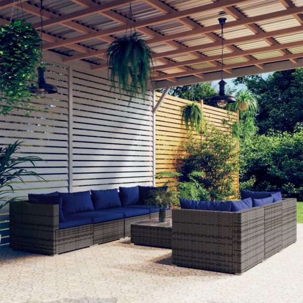 8-delige Loungeset met kussens poly rattan grijs