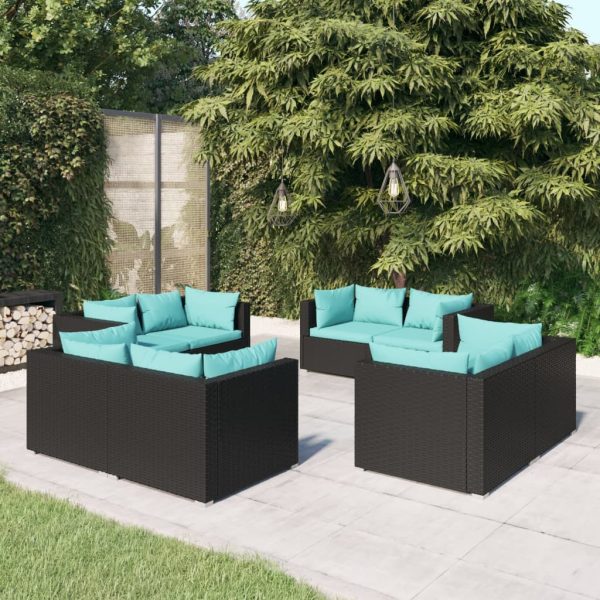 8-delige Loungeset met kussens poly rattan zwart