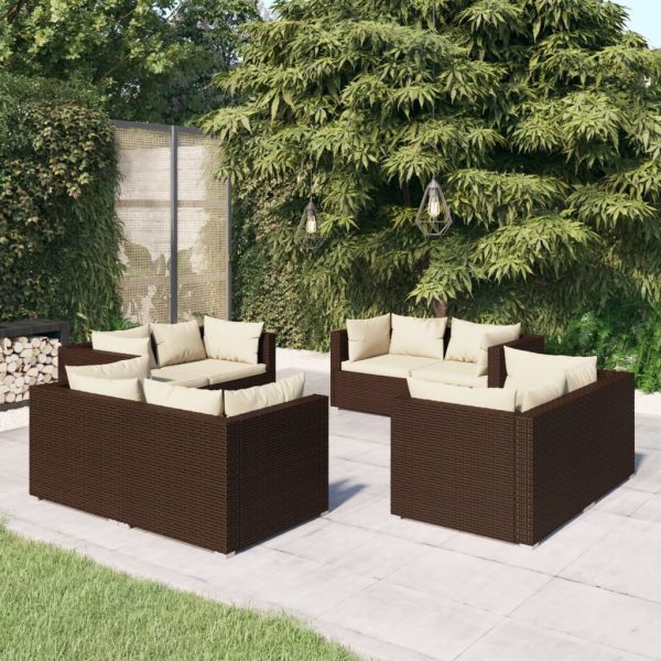 8-delige Loungeset met kussens poly rattan bruin