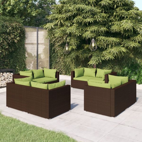 8-delige Loungeset met kussens poly rattan bruin