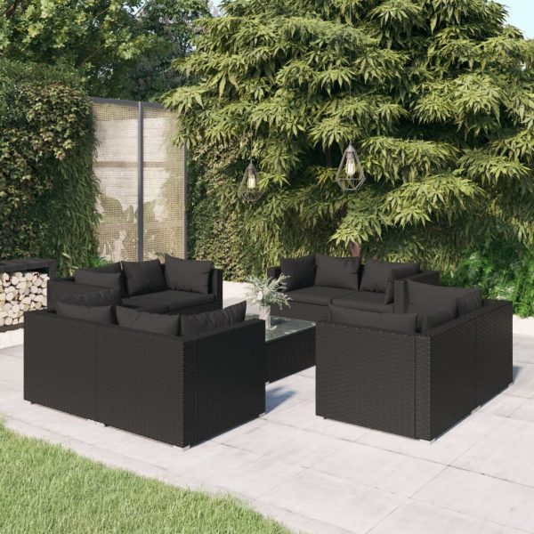 9-delige Loungeset met kussens poly rattan zwart