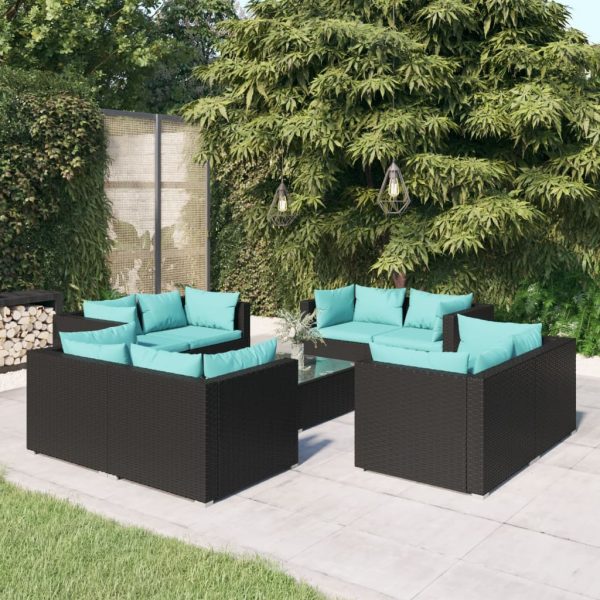 9-delige Loungeset met kussens poly rattan zwart