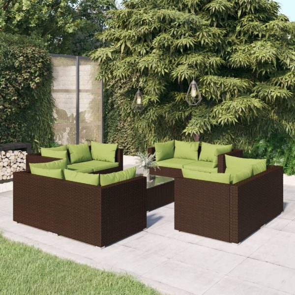 9-delige Loungeset met kussens poly rattan bruin