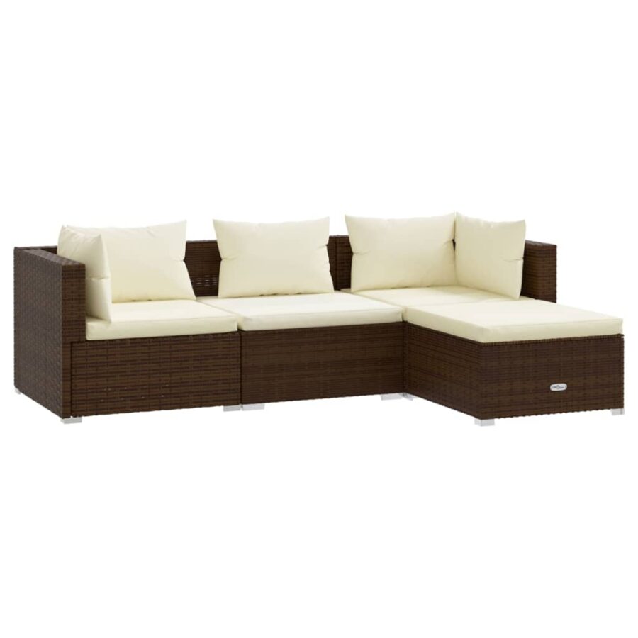 4-delige Loungeset met kussens poly rattan bruin - Afbeelding 2