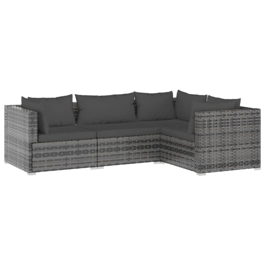 4-delige Loungeset met kussens poly rattan grijs - Afbeelding 2