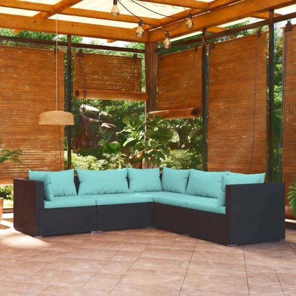 5-delige Loungeset met kussens poly rattan zwart