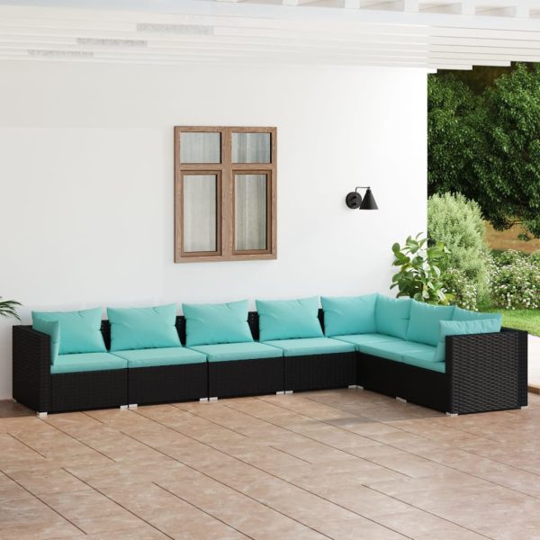 7-delige Loungeset met kussens poly rattan zwart