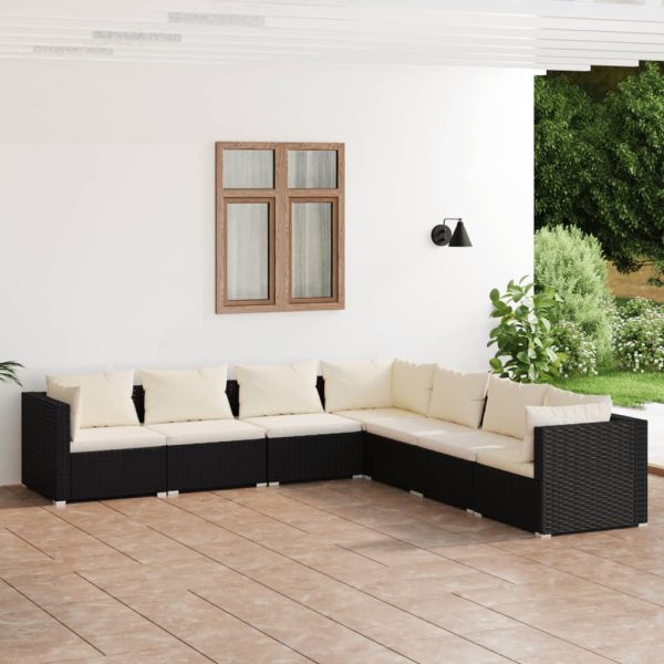 7-delige Loungeset met kussens poly rattan zwart