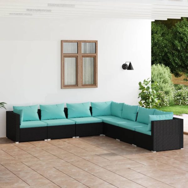 7-delige Loungeset met kussens poly rattan zwart