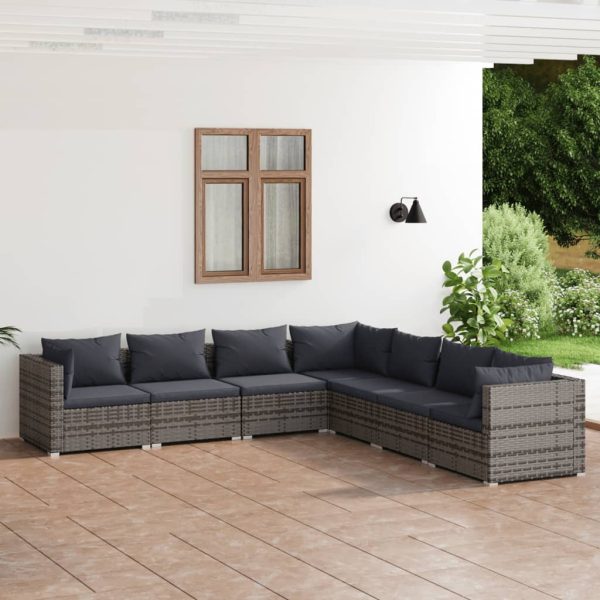 7-delige Loungeset met kussens poly rattan grijs