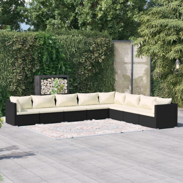 8-delige Loungeset met kussens poly rattan zwart