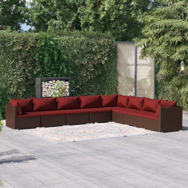 8-delige Loungeset met kussens poly rattan bruin
