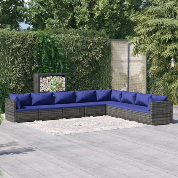 8-delige Loungeset met kussens poly rattan grijs