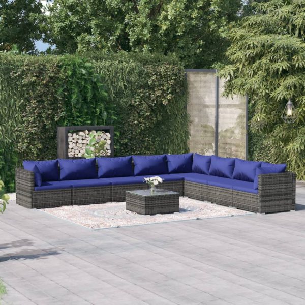 9-delige Loungeset met kussens poly rattan grijs