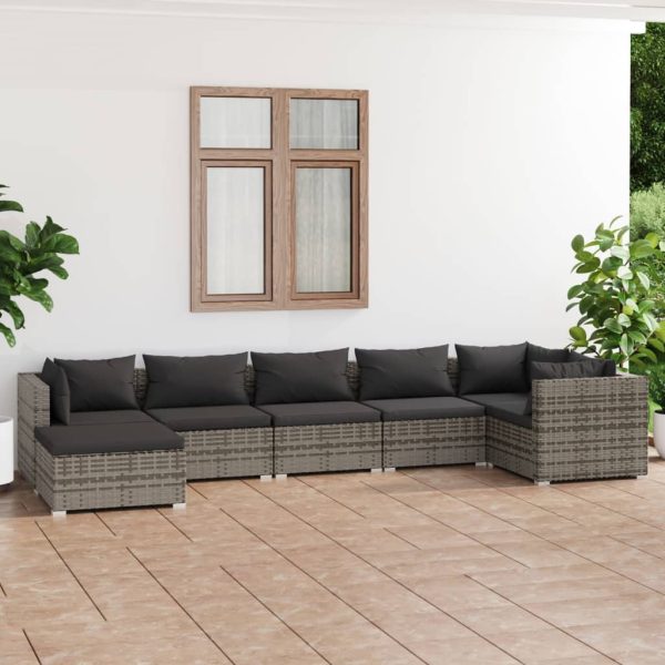 7-delige Loungeset met kussens poly rattan grijs