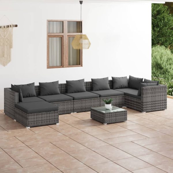 8-delige Loungeset met kussens poly rattan grijs