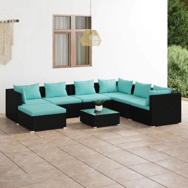 8-delige Loungeset met kussens poly rattan zwart