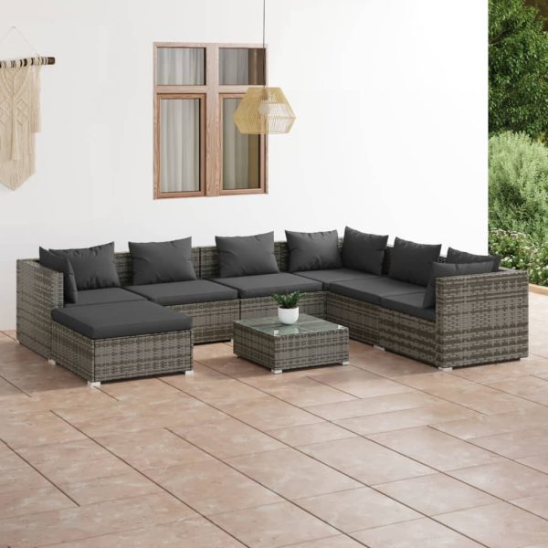 8-delige Loungeset met kussens poly rattan grijs