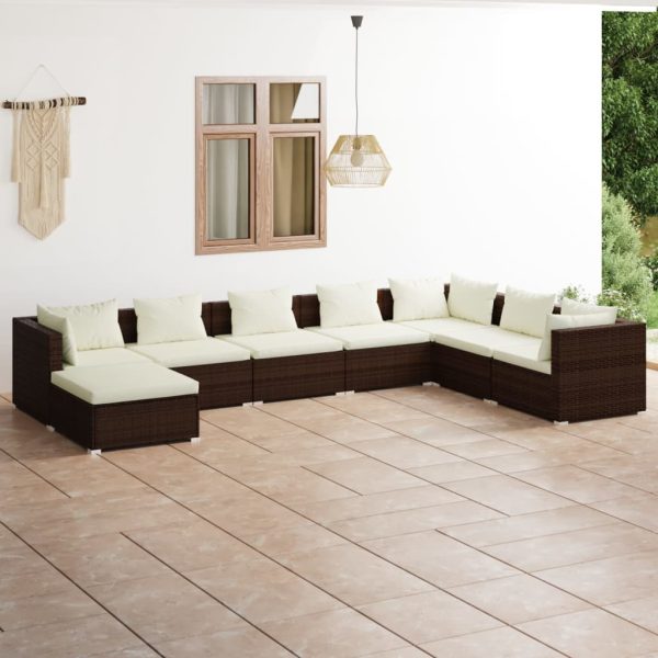 8-delige Loungeset met kussens poly rattan bruin