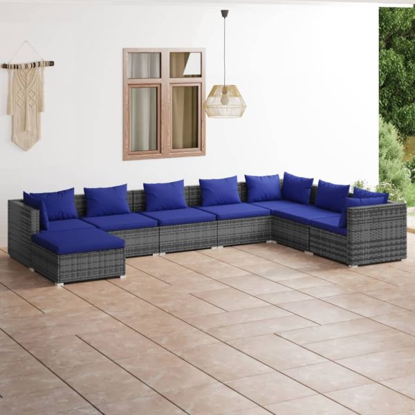 8-delige Loungeset met kussens poly rattan grijs