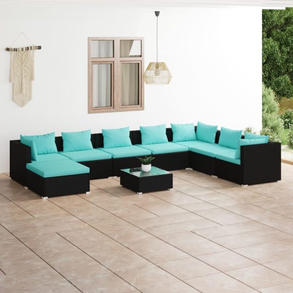 9-delige Loungeset met kussens poly rattan zwart