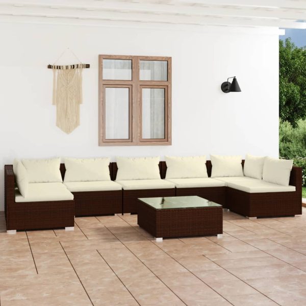 8-delige Loungeset met kussens poly rattan bruin