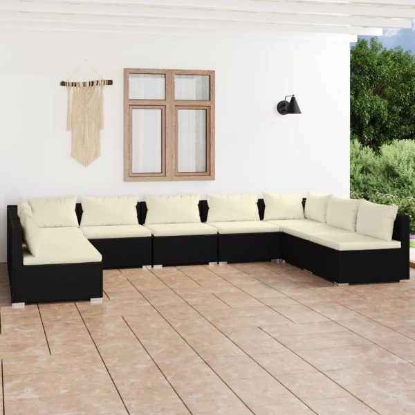 9-delige Loungeset met kussens poly rattan zwart