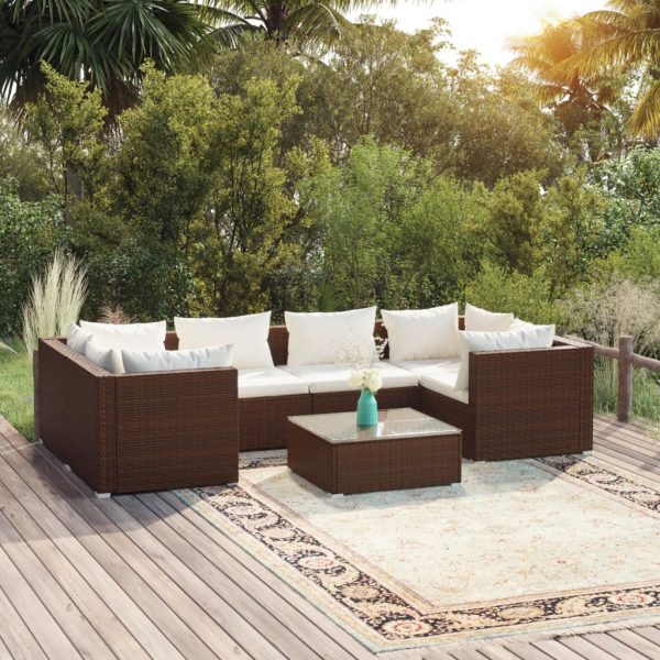 7-delige Loungeset met kussens poly rattan bruin