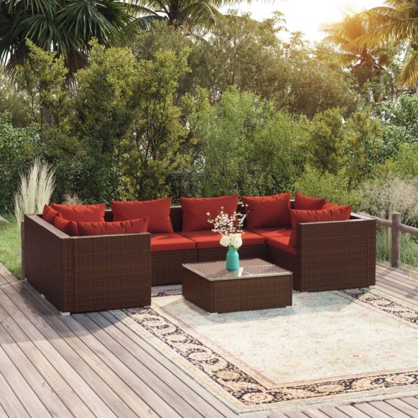 7-delige Loungeset met kussens poly rattan bruin