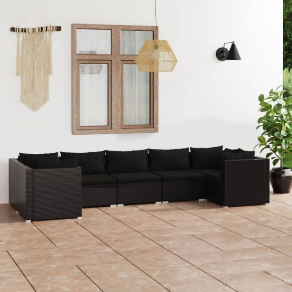 7-delige Loungeset met kussens poly rattan zwart