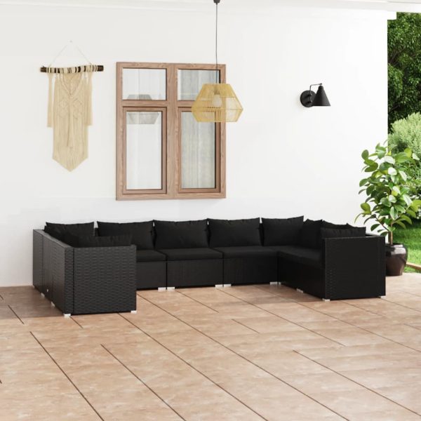 9-delige Loungeset met kussens poly rattan zwart
