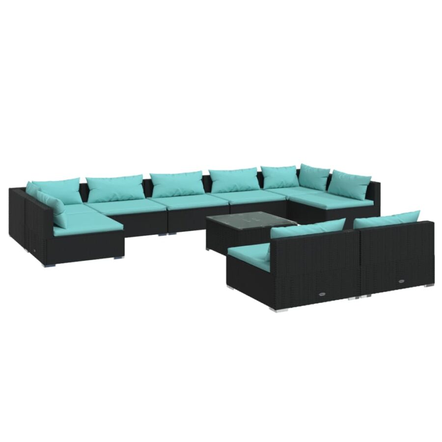 10-delige Loungeset met kussens poly rattan zwart - Afbeelding 2