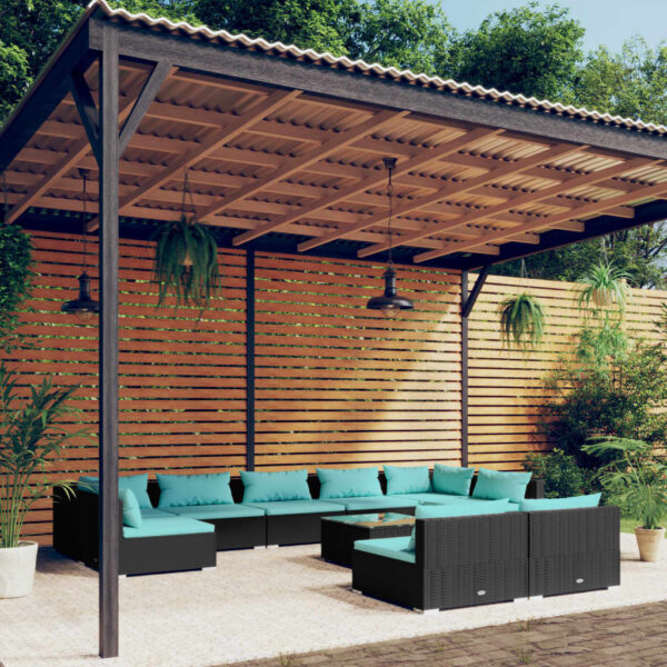 10-delige Loungeset met kussens poly rattan zwart