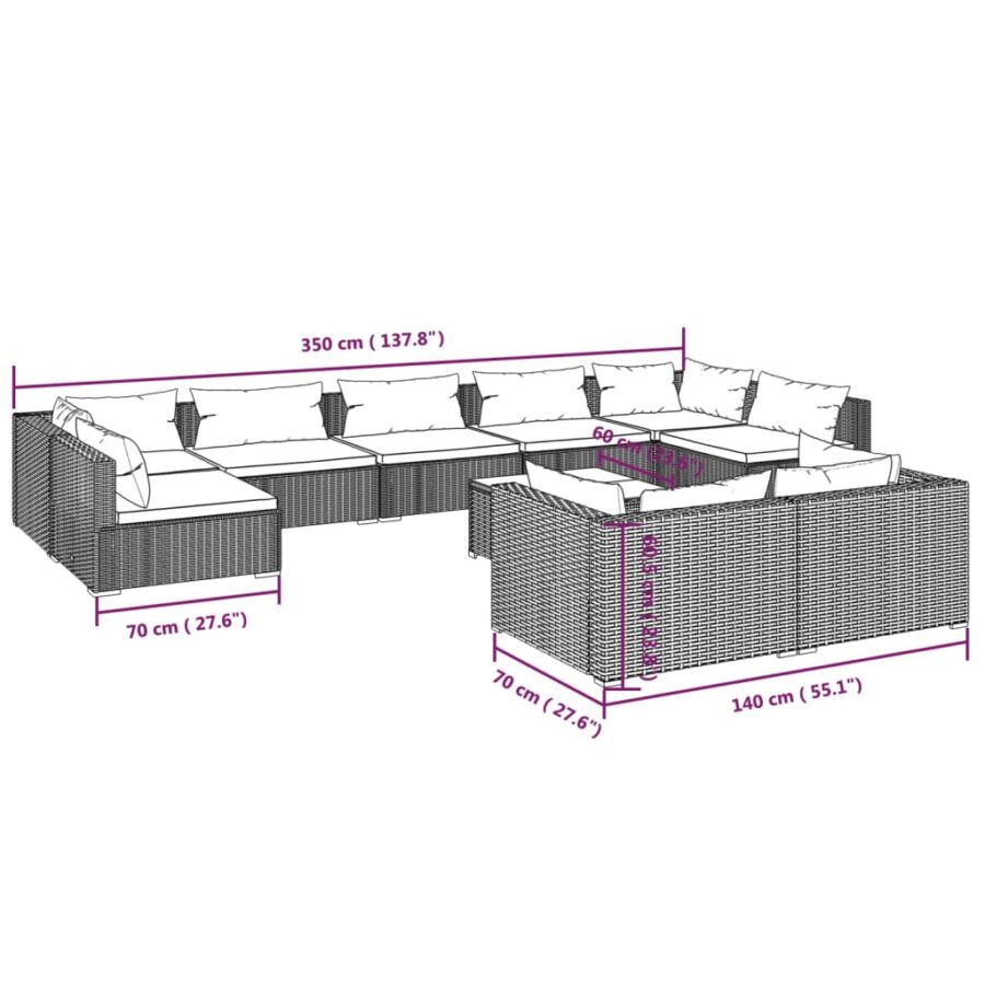 10-delige Loungeset met kussens poly rattan zwart - Afbeelding 9