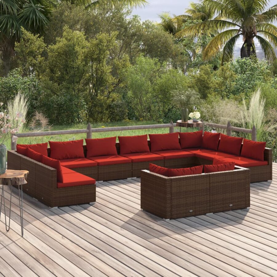 12-delige Loungeset met kussens poly rattan bruin