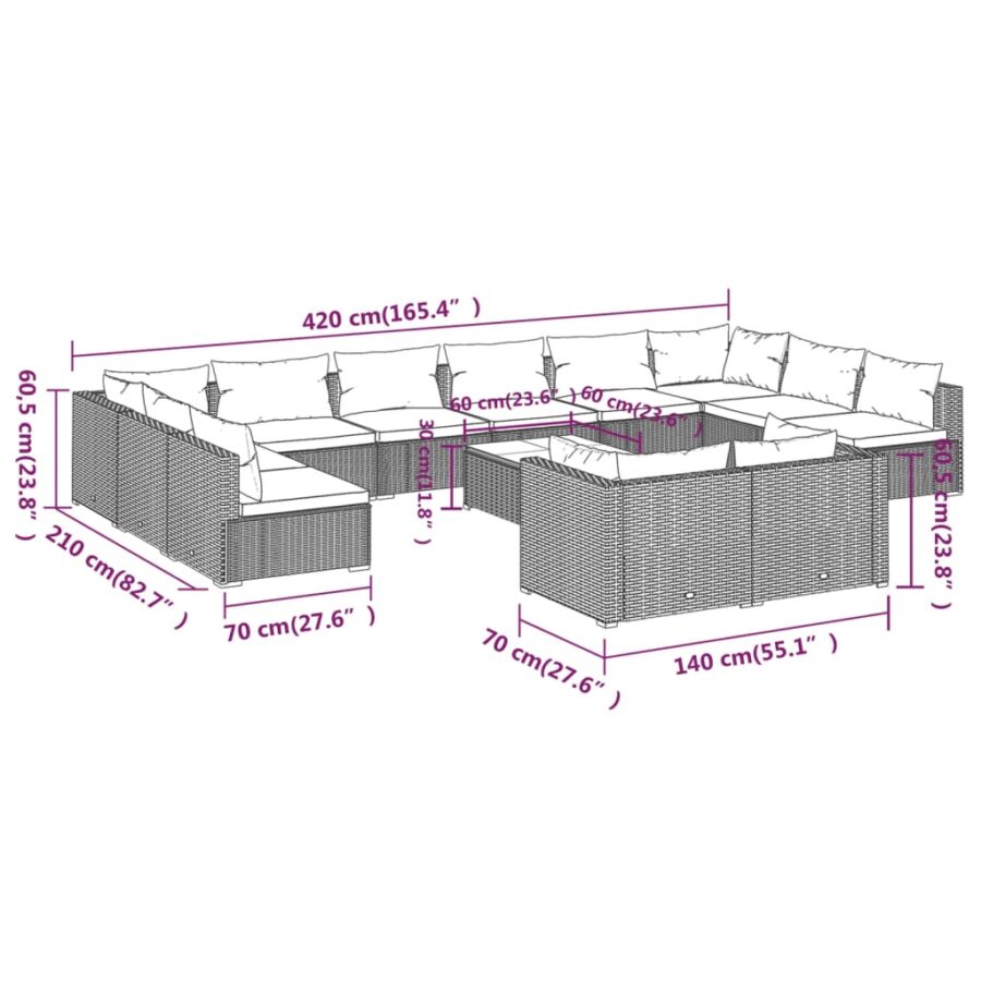13-delige Loungeset met kussens poly rattan zwart - Afbeelding 9