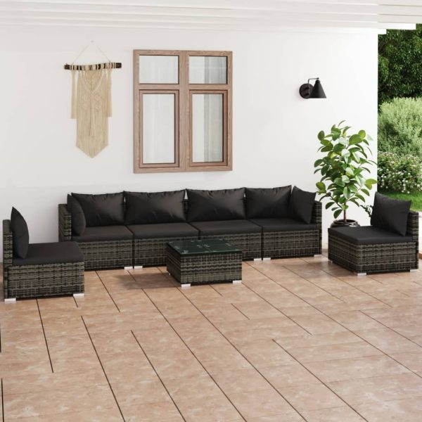 7-delige Loungeset met kussens poly rattan grijs