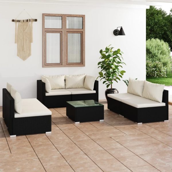 7-delige Loungeset met kussens poly rattan zwart