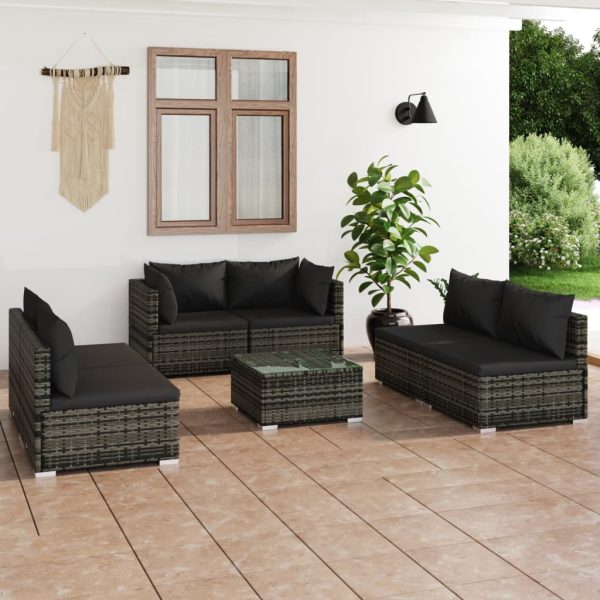 7-delige Loungeset met kussens poly rattan grijs