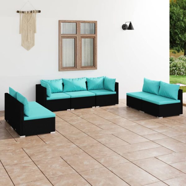 7-delige Loungeset met kussens poly rattan zwart