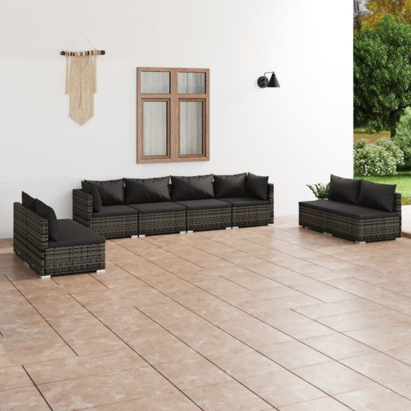 8-delige Loungeset met kussens poly rattan grijs
