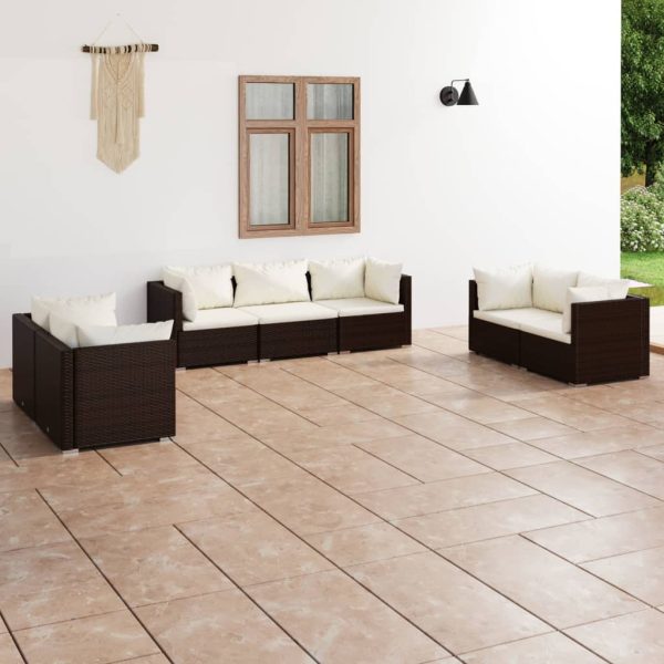 7-delige Loungeset met kussens poly rattan bruin