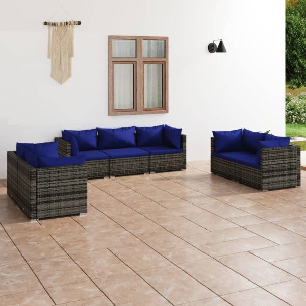 7-delige Loungeset met kussens poly rattan grijs