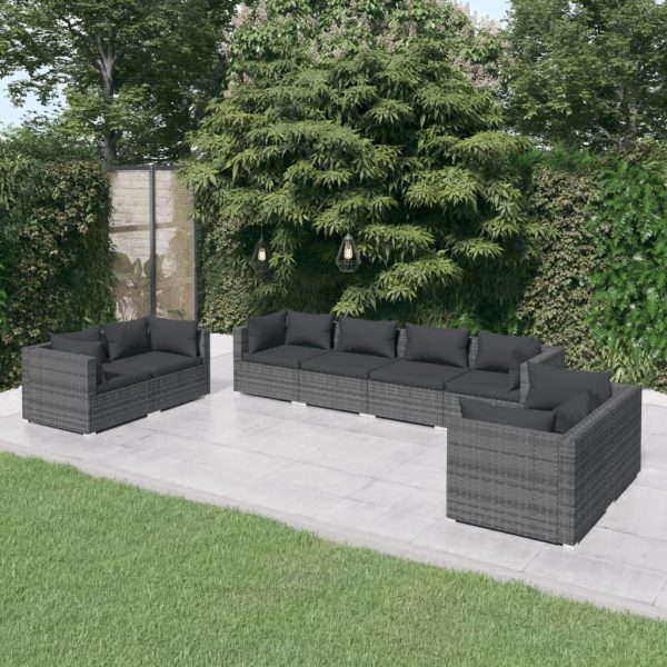 8-delige Loungeset met kussens poly rattan grijs