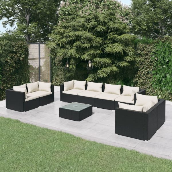9-delige Loungeset met kussens poly rattan zwart