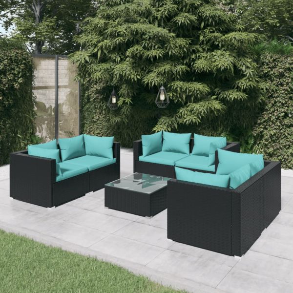 7-delige Loungeset met kussens poly rattan zwart