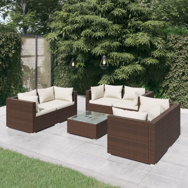 7-delige Loungeset met kussens poly rattan bruin