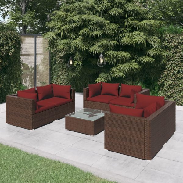 7-delige Loungeset met kussens poly rattan bruin