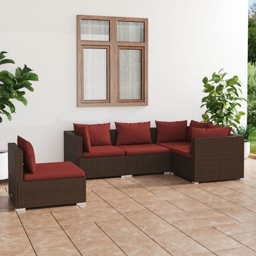 5-delige Loungeset met kussens poly rattan bruin