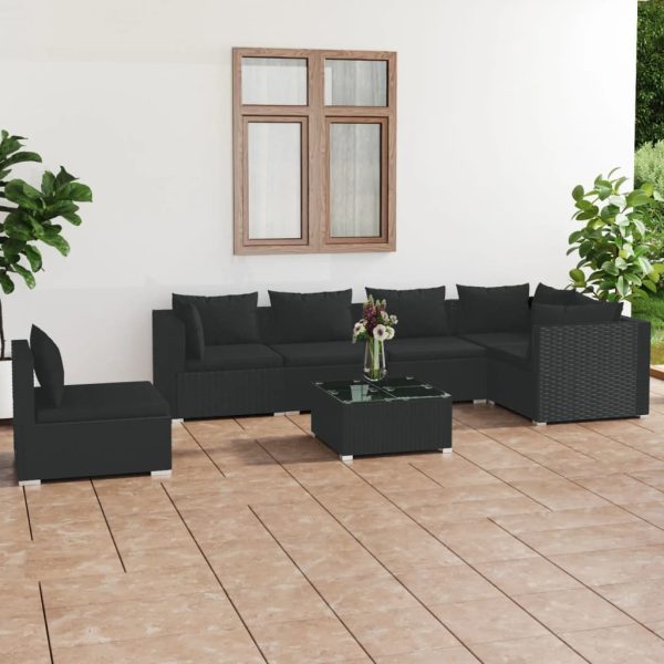 7-delige Loungeset met kussens poly rattan zwart